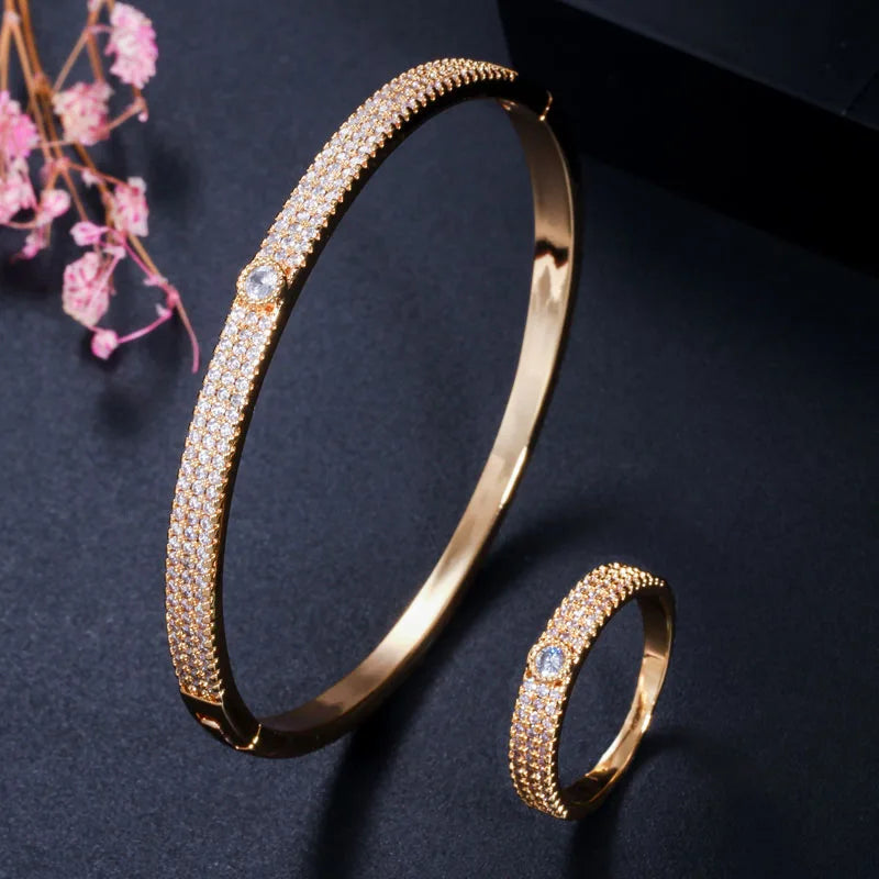 Gold-tone rhinestone bangle and ring set with round pave detailing