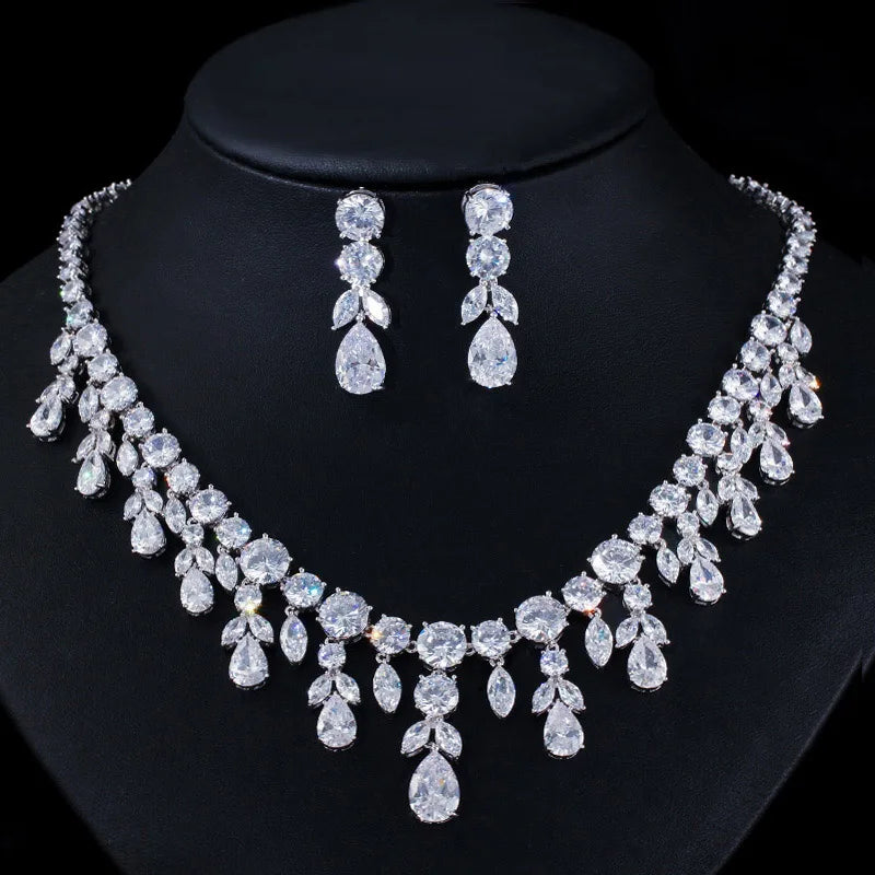 Luxury Tassel Drop Chunky Cubic Zirconia Wedding Party Bride Necklace and Earring Jewelry Sets