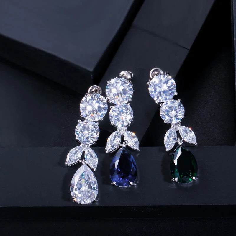 Rhinestone drop earrings set with clear and deep blue teardrop stones