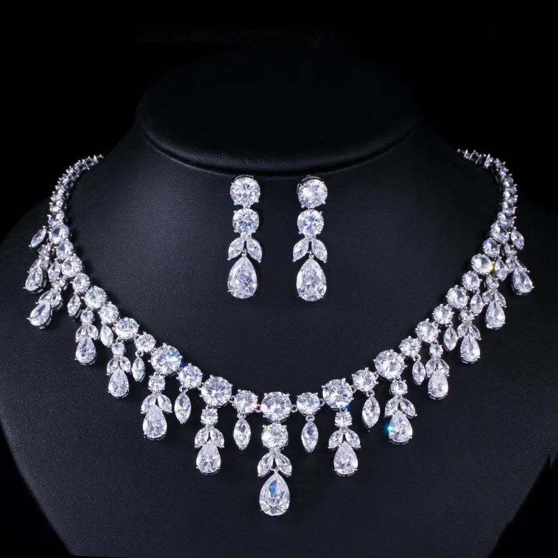 Rhinestone teardrop necklace and drop earrings set, clear stones on silver-tone