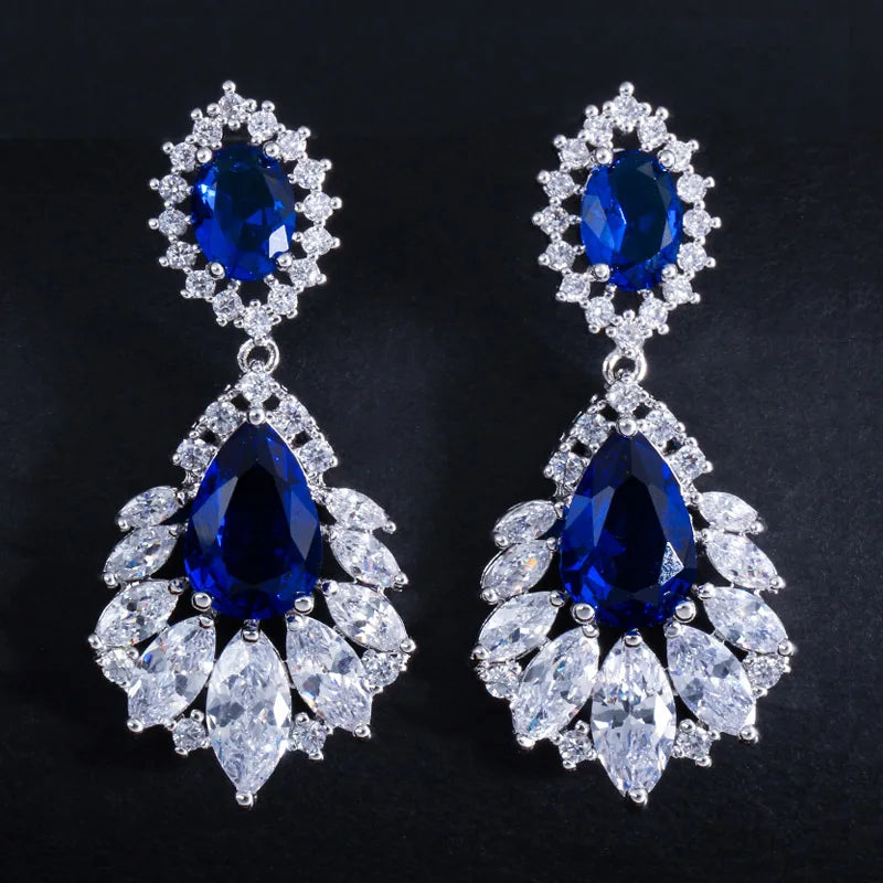 Blue cubic zirconia chandelier drop earrings with clear crystal accents