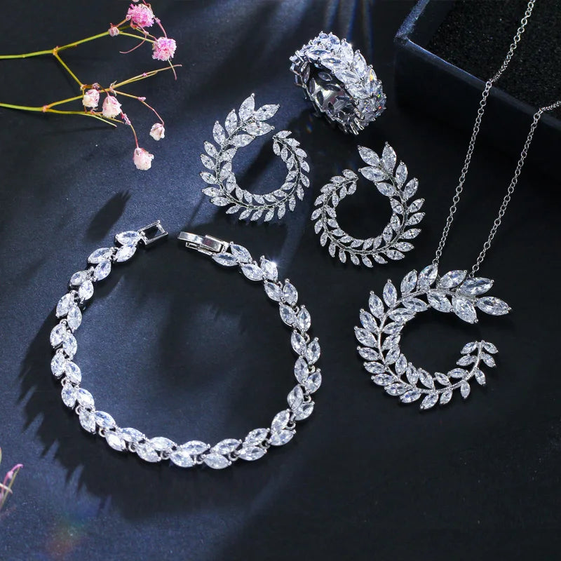 Silver-tone CZ bracelet and leaf hoop earrings, with ring and pendant necklace