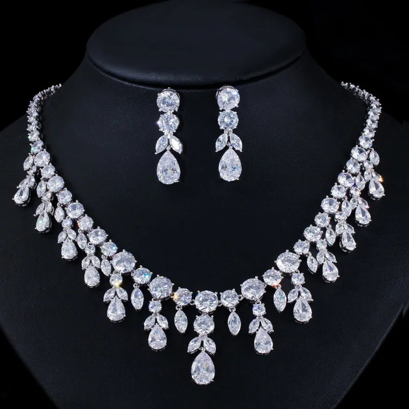 Luxury Tassel Drop Chunky Cubic Zirconia Wedding Party Bride Necklace and Earring Jewelry Sets