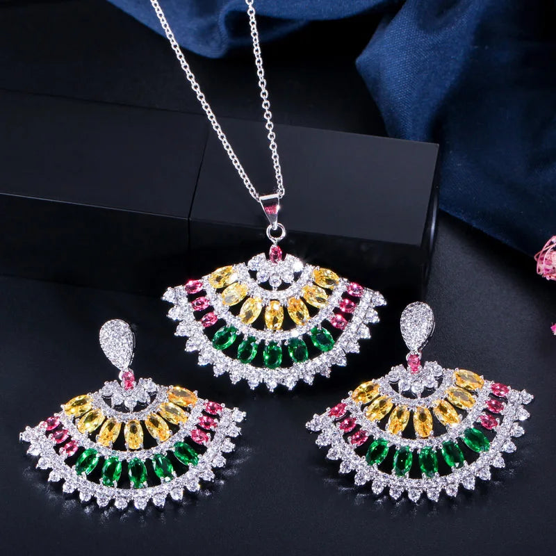 Multicolor fan-shaped CZ pendant necklace and matching drop earrings shown together