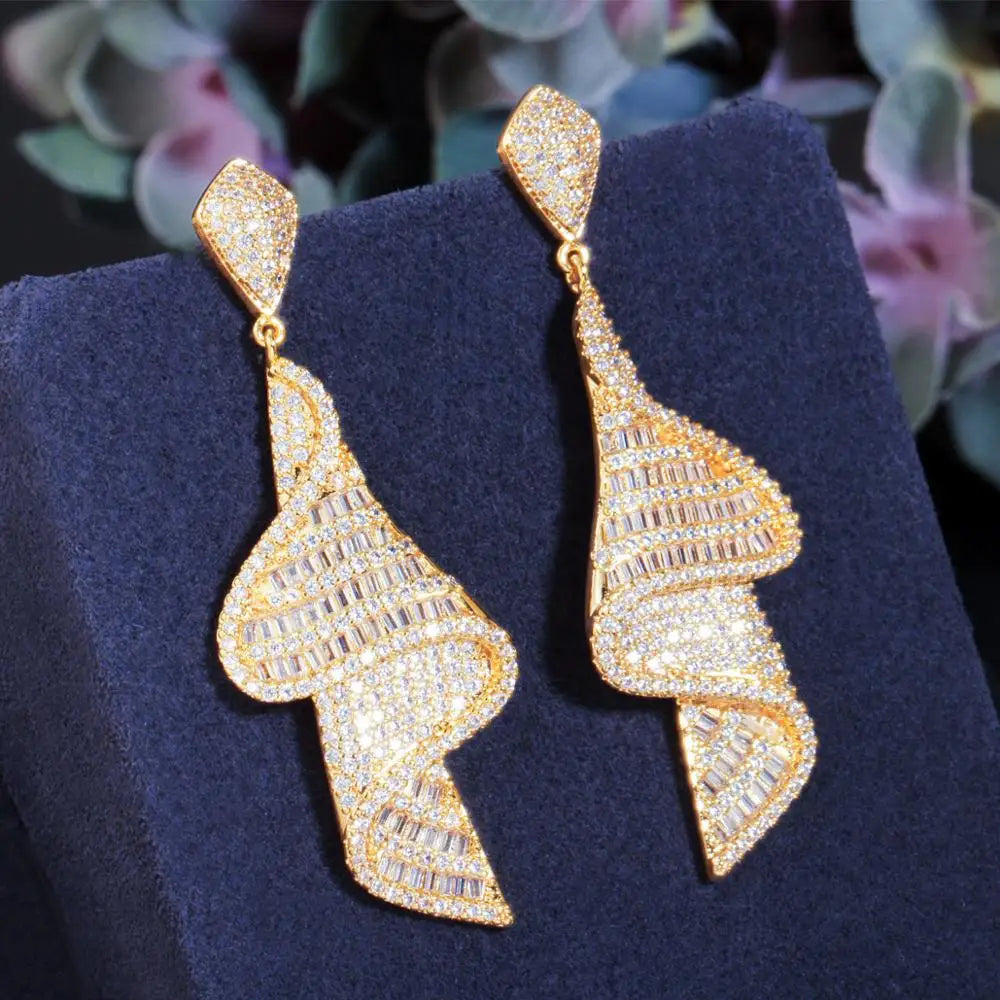 Big White Cubic Zirconia Long Drop Earrings for Women Geometric Sparkling Fancy Bridal Jewelry