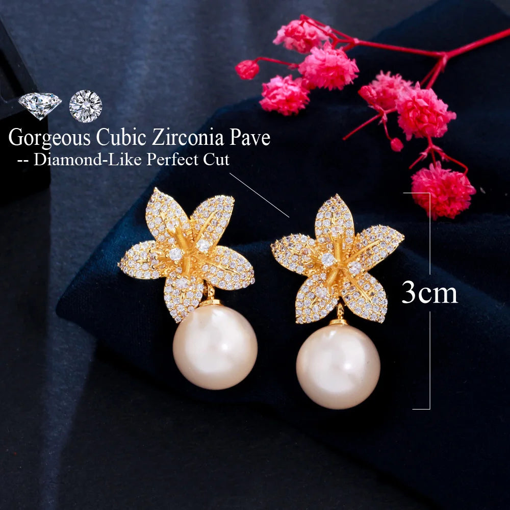 Fashion Dangle Pearl Cubic Zirconia Geometric Flower Drop Earrings for Women Daily Wear Jewelry