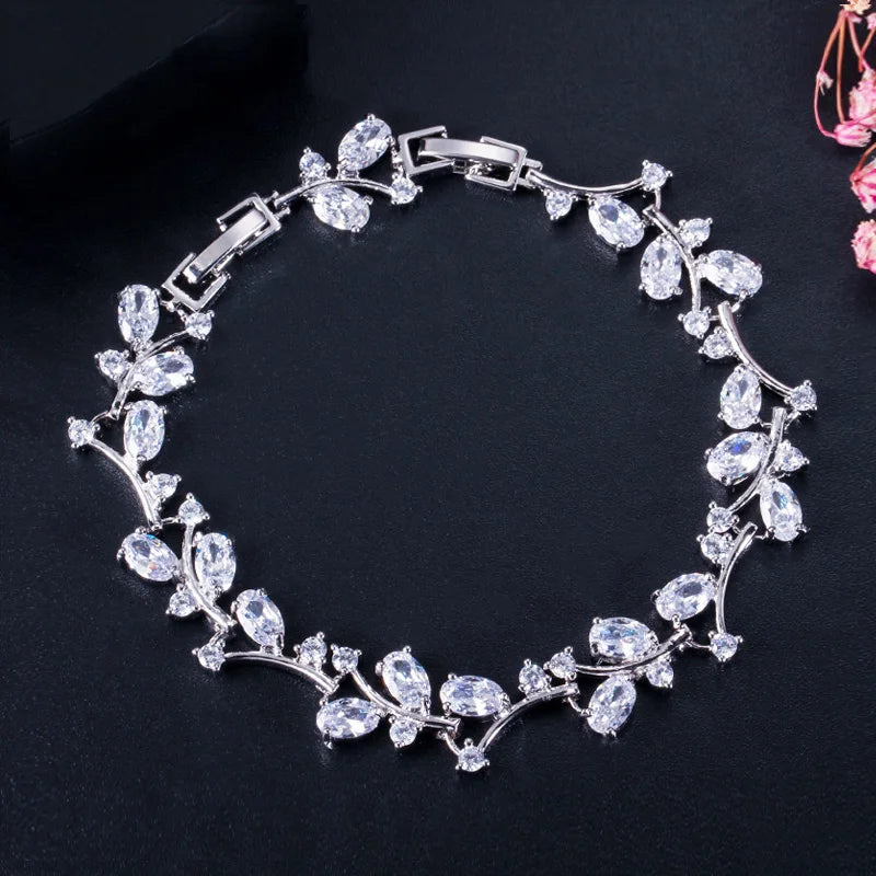 Silver-tone leaf branch bracelet with clear cubic zirconia stones