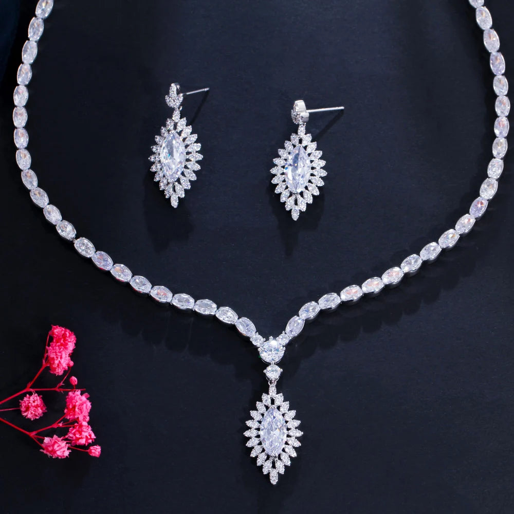 Silver-tone CZ marquise pendant necklace with drop earring set