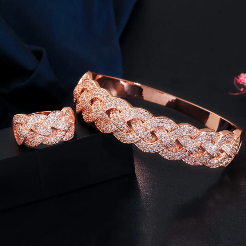 Rose gold CZ bangle bracelet with matching link-ring, open cut design