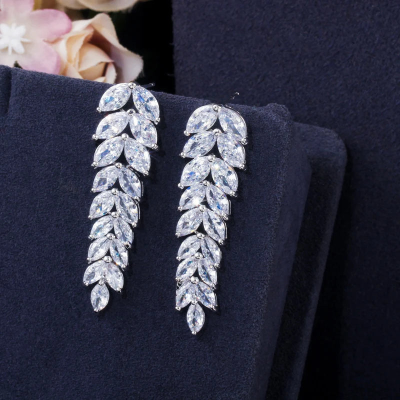 Long CZ teardrop drop earrings with stacked marquise stones, silver-toned