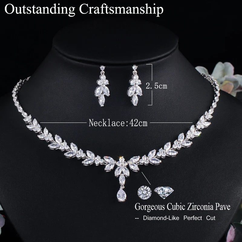 Silver leaf-drop cubic zirconia necklace and earrings set with floral pendant