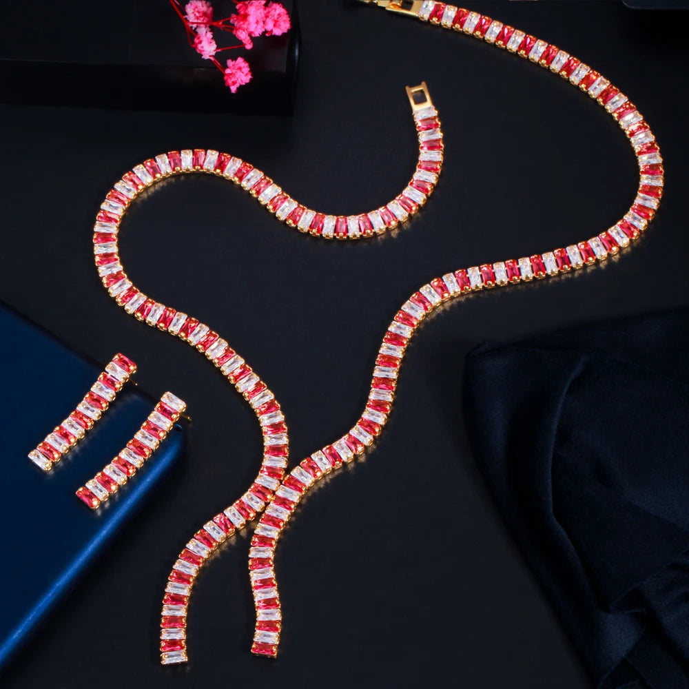 Red baguette zircon necklace and matching drop earrings, shown laid out