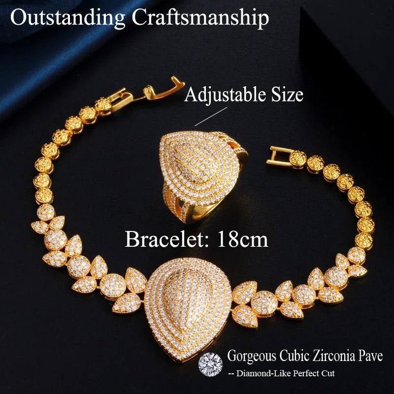 Gold-tone teardrop zircon ring and bracelet set with adjustable ring