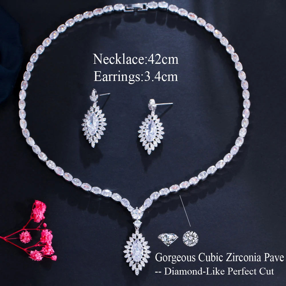 Silver tone cubic zirconia necklace with teardrop pendant and matching drop earrings set