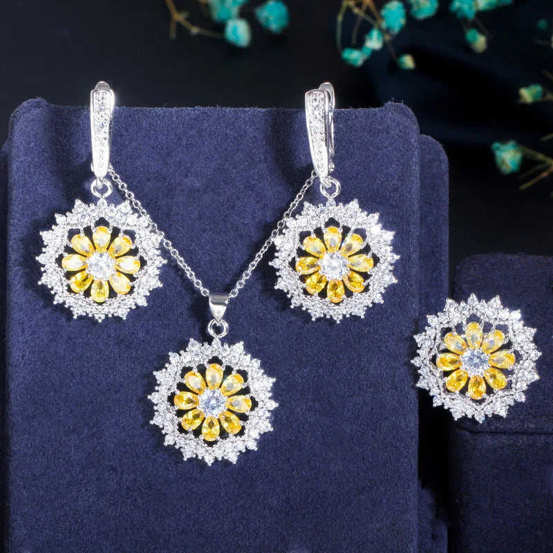 Yellow flower cubic zirconia jewelry set with silver hoop earrings and pendant necklace