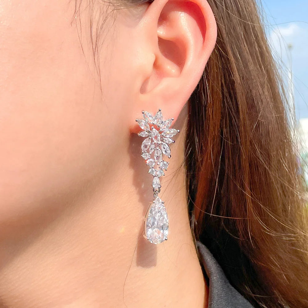 Bling Bling Cubic Zirconia Marquise Cut Leaf Long Water Drop Earrings for Women Wedding Bridal Jewelry