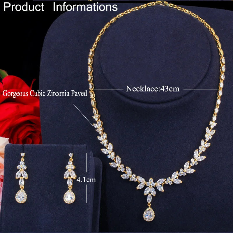 Gold-tone cubic zirconia necklace and earrings, with 43 cm necklace and 4.1 cm earrings