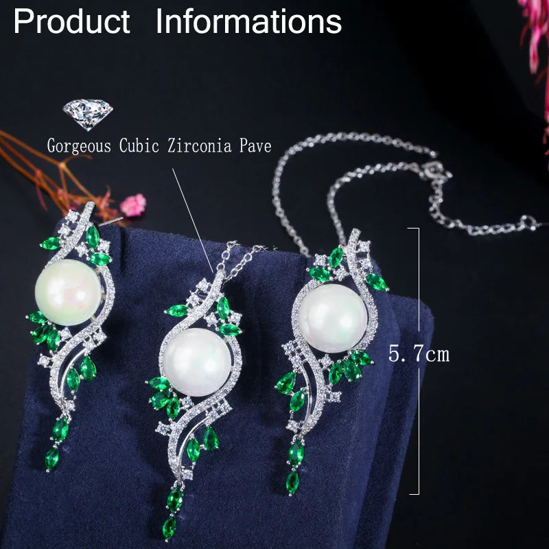 White imitation pearl jewelry set with green zirconia leaves and 5.7 cm drop earrings