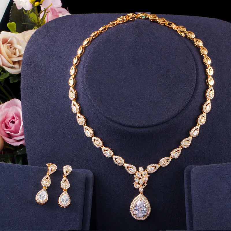 Luxury Cubic Zirconia Gold Color Wedding Party Costume Bride Jewelry Sets For Women