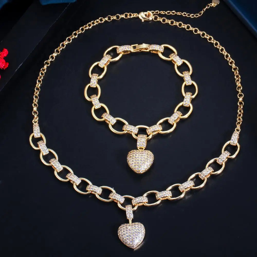 585 Gold Color Cubic Zirconia Dangle Love Heart Charm Bracelet Pendant Necklace Women Costume Jewelry Set