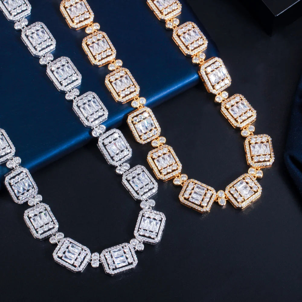 Geometric cubic zirconia bridal necklace set in gold and silver