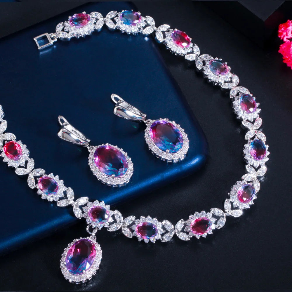 CZ gradient oval necklace with halo stones and matching drop earrings