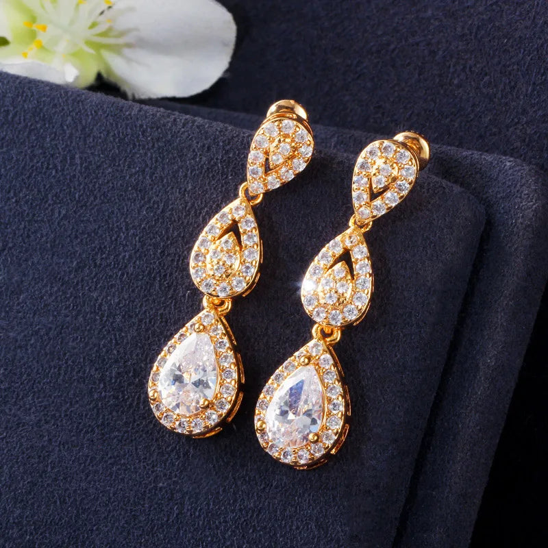 Luxury Cubic Zirconia Gold Color Wedding Party Costume Bride Jewelry Sets For Women