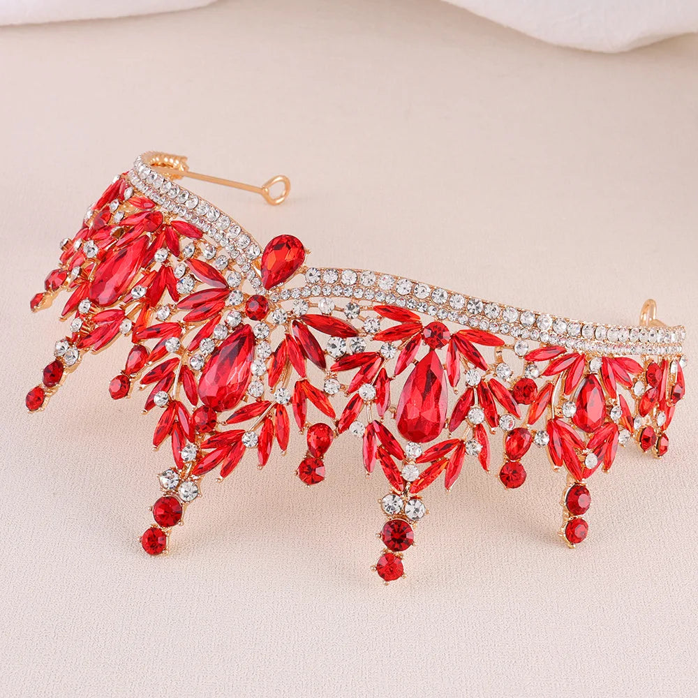 Red gemstone crystal crown tiara with sparkling band and hanging drop accents