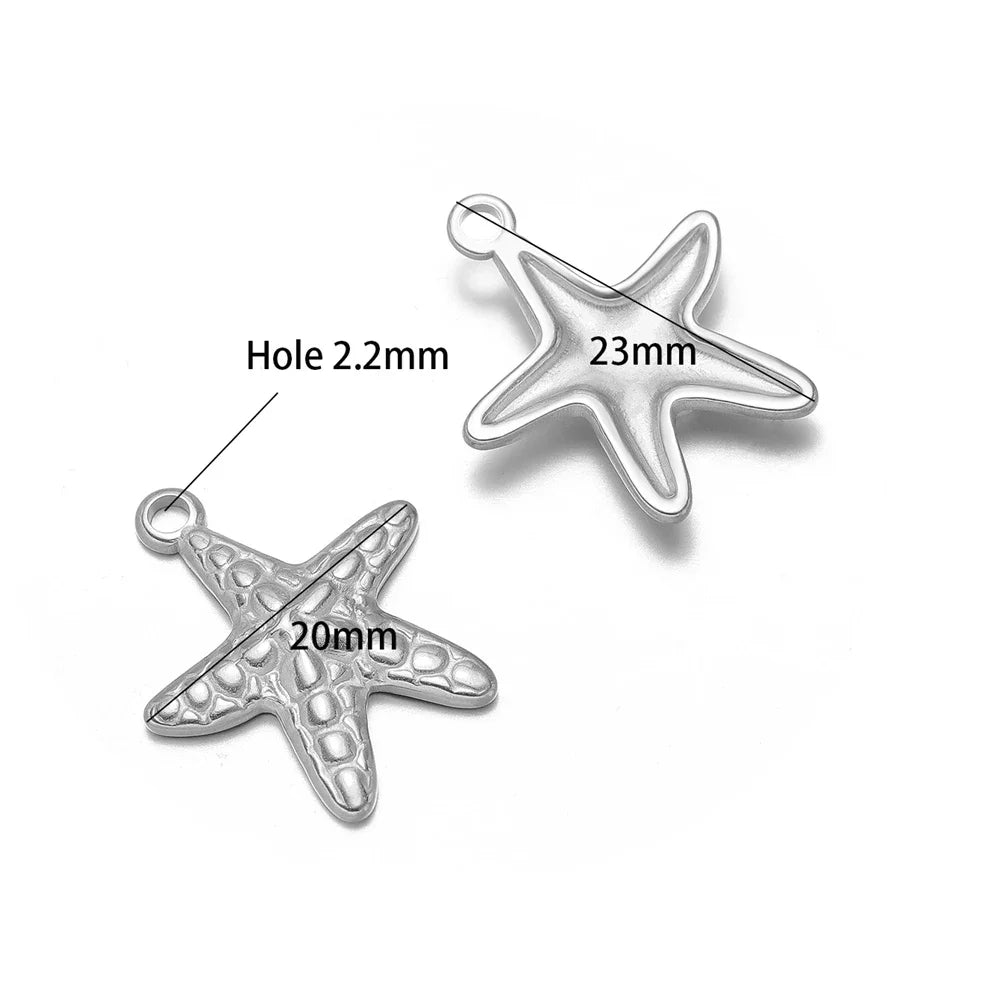 Silver starfish charms with 2.2mm hole, 20mm and 23mm sizes, loop bails