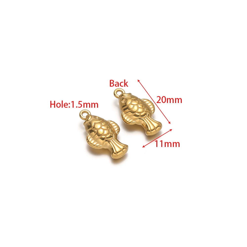 Gold-tone 3D fish charms, two solid fish pendants with small attachment loops