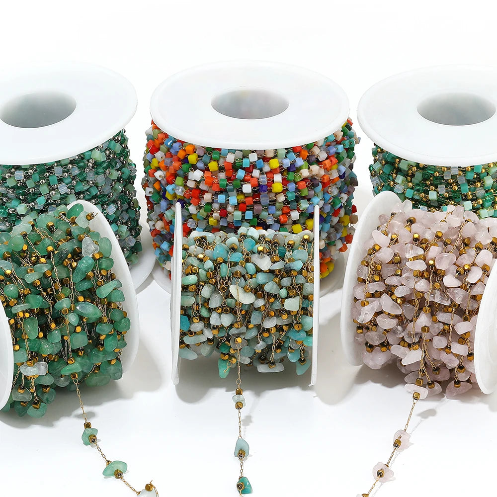 Irregular glass bead link chain rolls on spools: teal, multicolor mix, and gold-beige beads