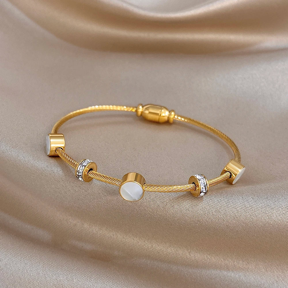 Chic Shell Rhinestone Twisted Stacked Bracelets for Women Elegant Gold Plated Stainless Steel Cuff Bangle Waterproof Jewelry