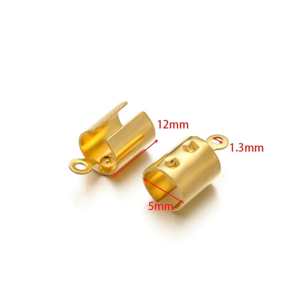 Gold crimp end bead caps, side loop metal tubes with red-lined open crimp ends.