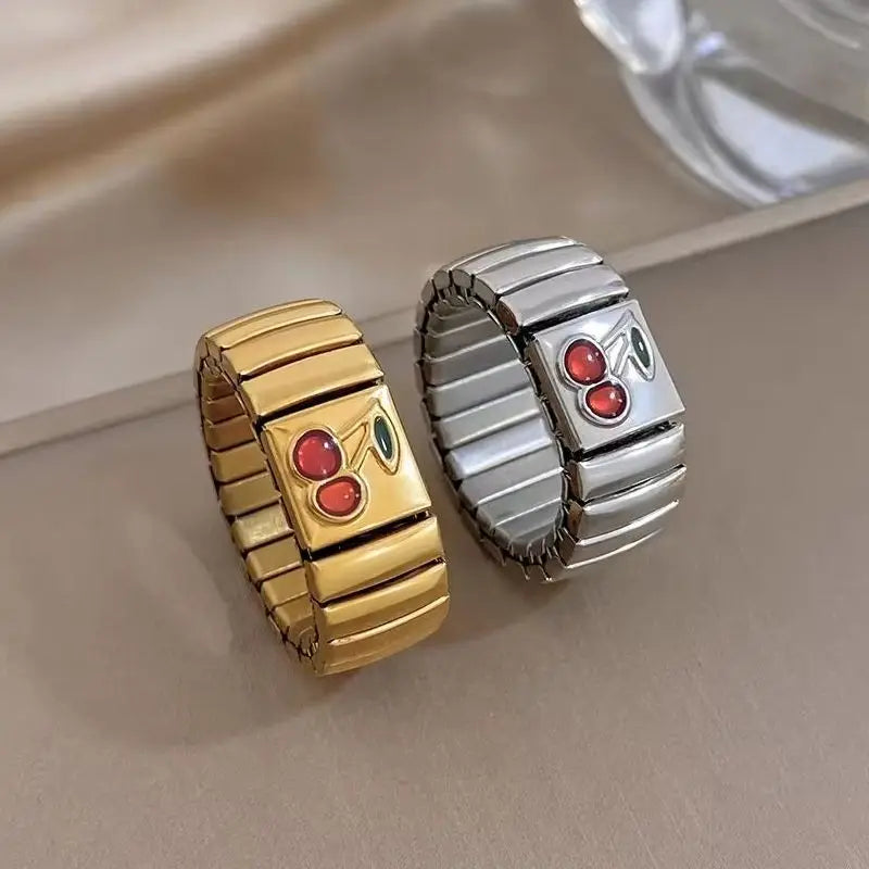 Stainless steel cherry watchband finger rings, gold and silver with red enamel cherries