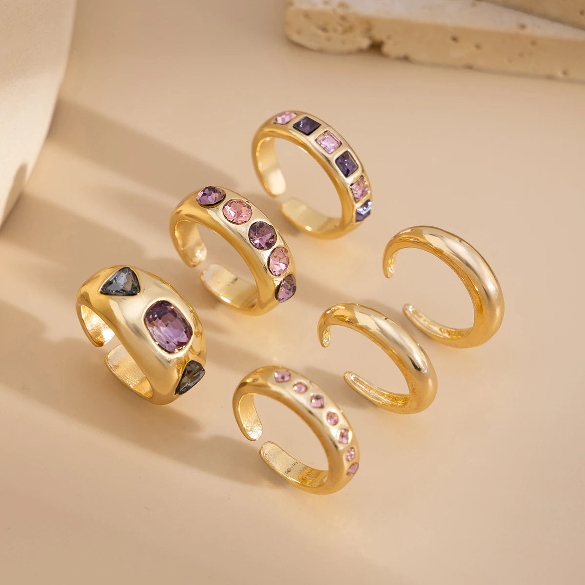 6Pcs Gold Adjustable Ring Daily Wear Jewelry Inlaid Purple Rhinestone Open Ring Set for Women