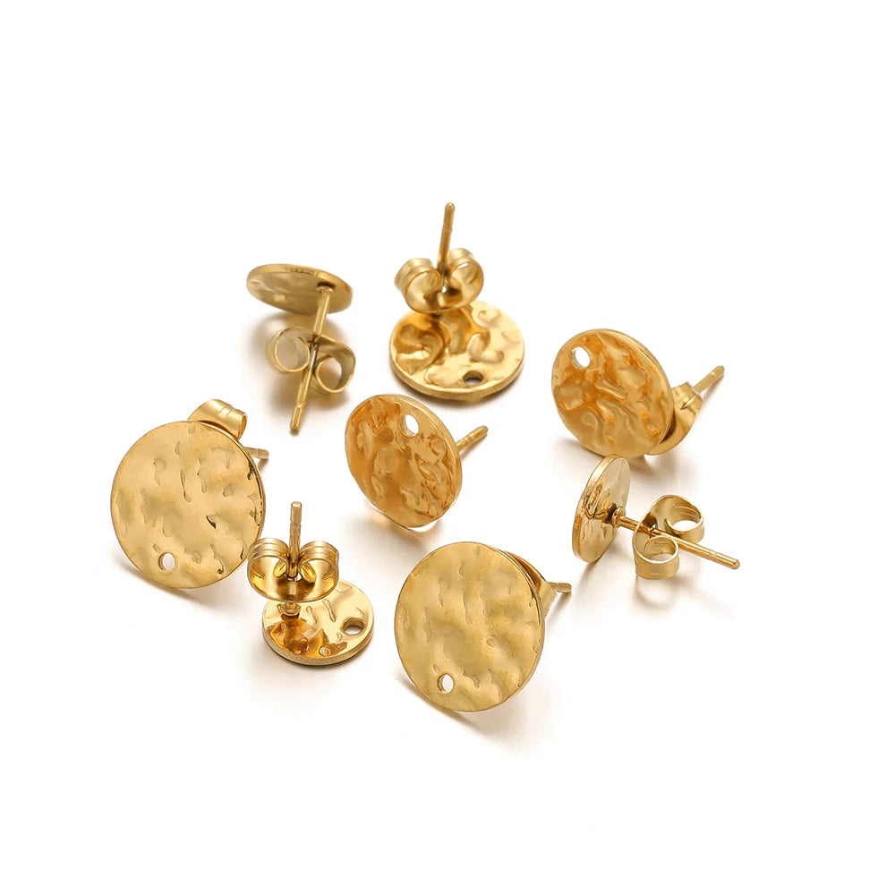 Gold-tone round embossed stud earrings, hammered ripple disc shape with earring posts, set