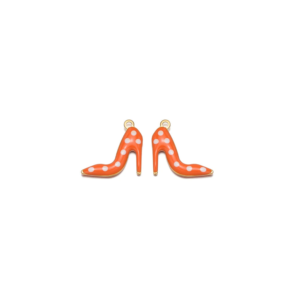 Orange enamel high-heel charm with white polka dots and gold loop bail