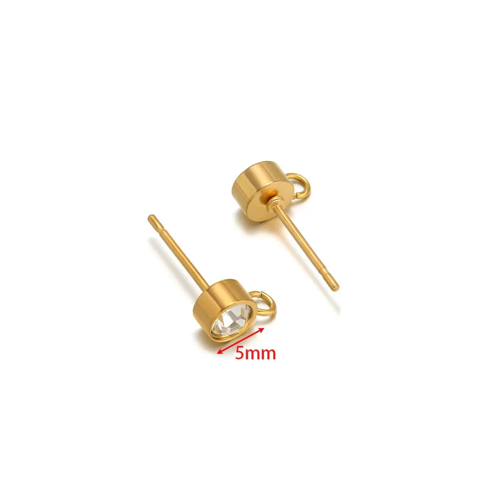 Gold zircon stud earring posts with loop hook, 5mm round stones, pair