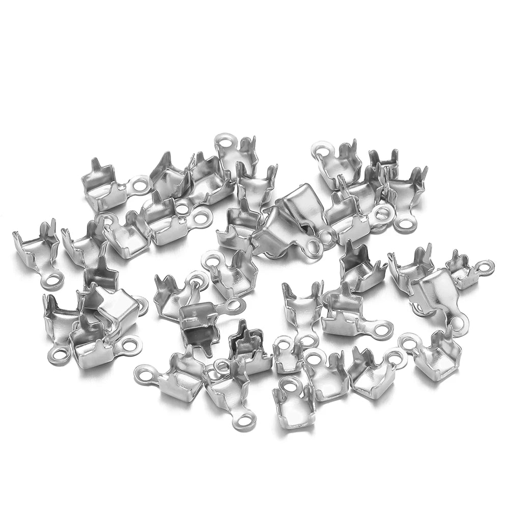 Silver cord end crimp clasp tips with loop, small fold-over connectors