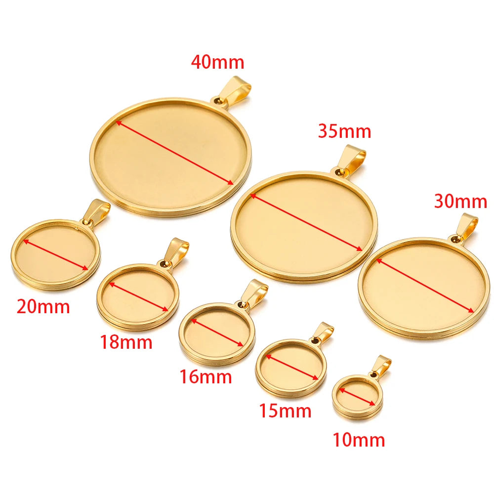 Gold-tone round cabochon blank bezel bases, multiple sizes shown (10–40mm)