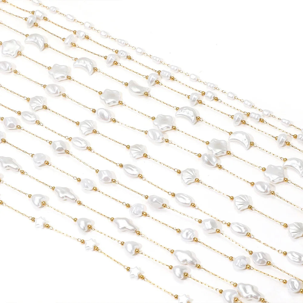 Gold-tone chain with white artificial pearl links for DIY necklaces and earrings