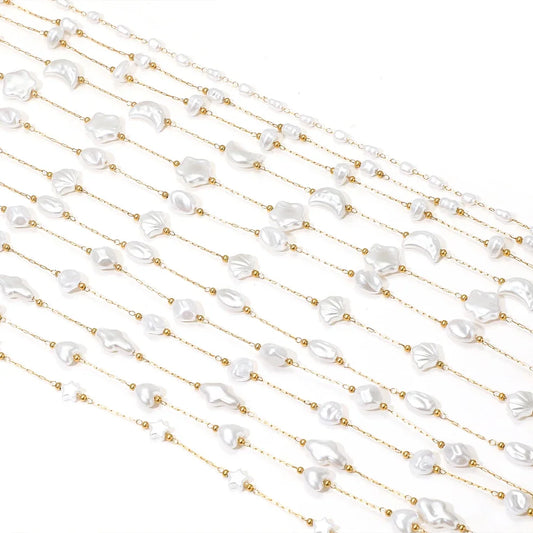 Gold-tone chain with white artificial pearl links for DIY necklaces and earrings