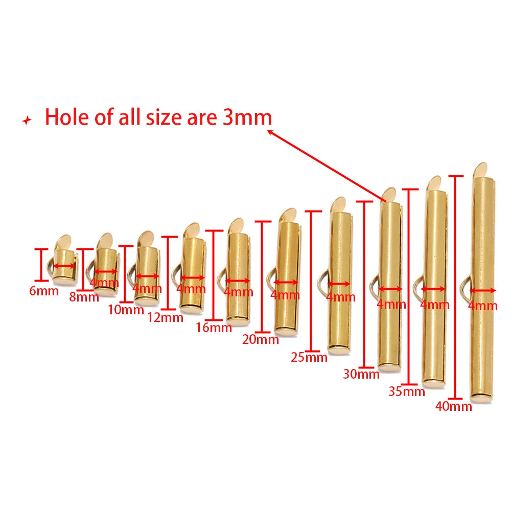 Crimp end caps size lineup showing lengths and 3mm inner hole