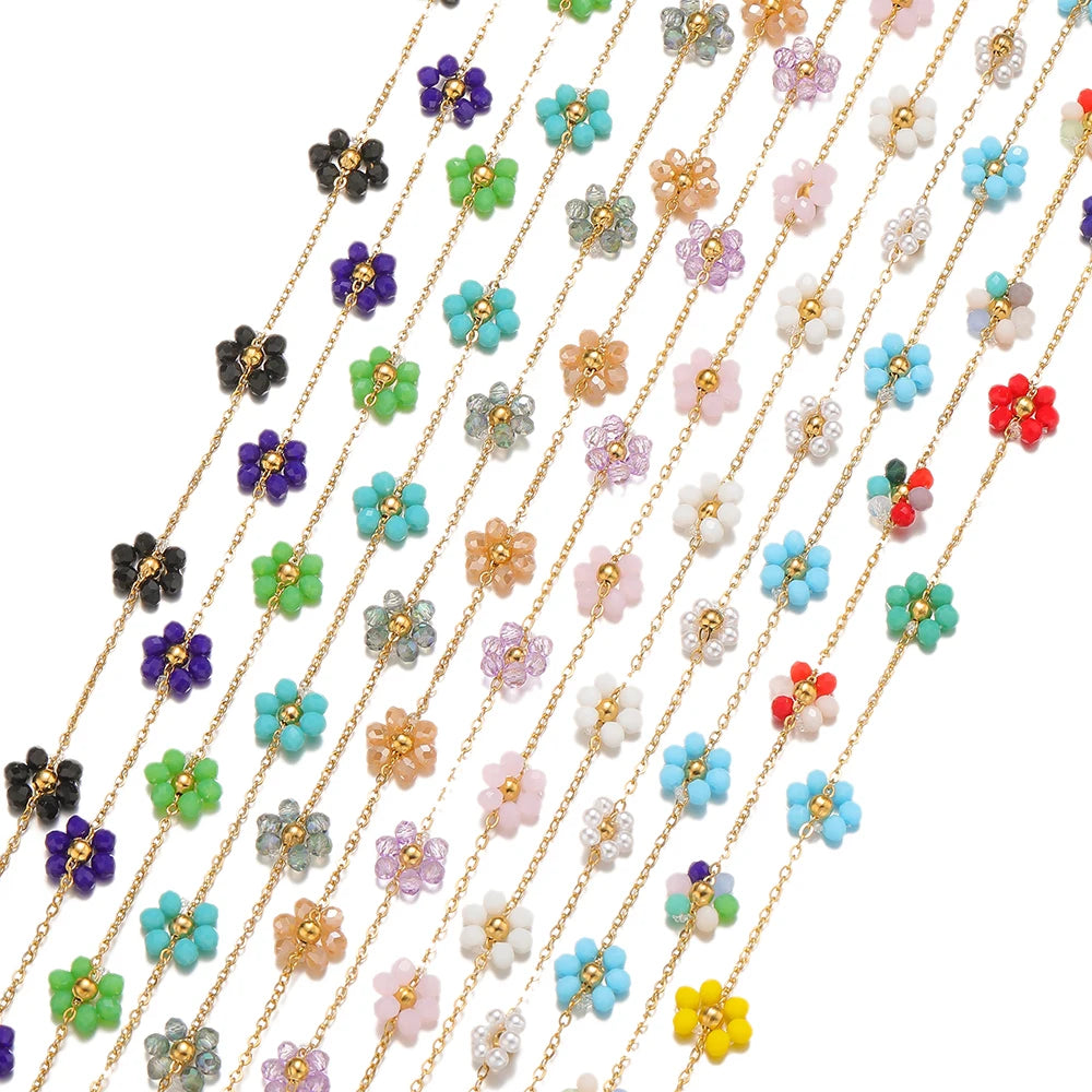 Mixed-color daisy flower beaded chains with gold-tone links, multiple lengths