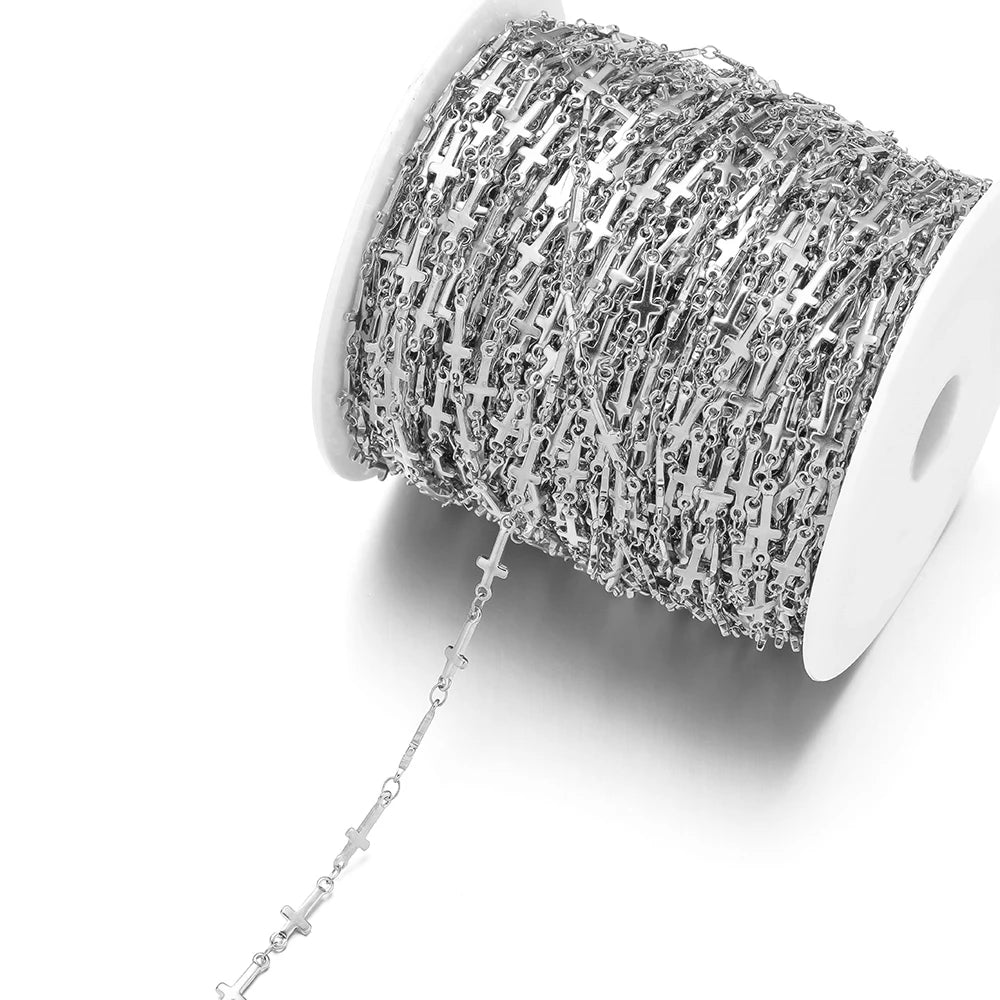 Silver-tone cross chain link bracelet necklace chain on spool, small cross connectors