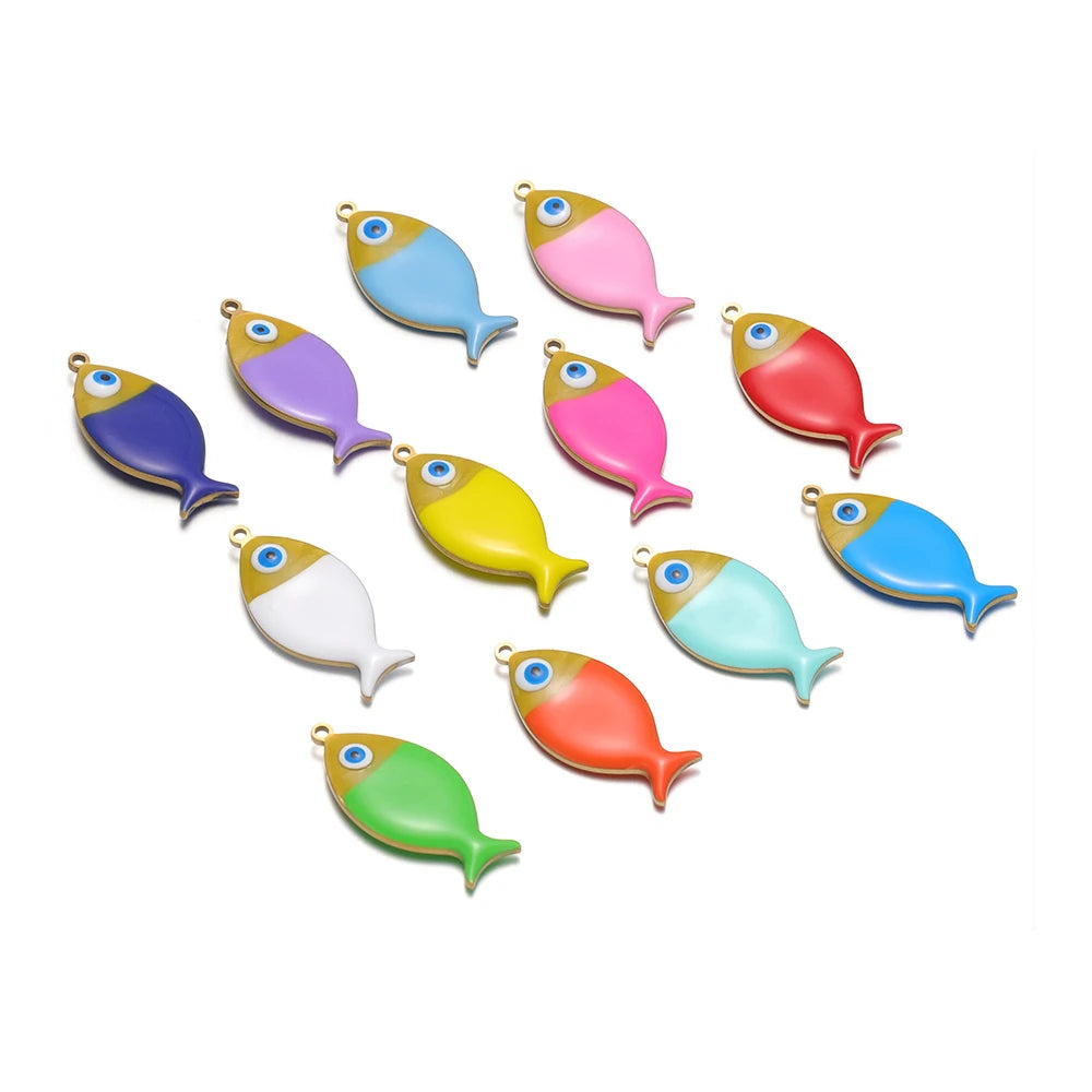 Set of enamel fish charms in mixed colors with gold-tone loops