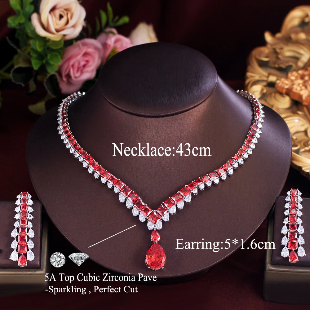 Red cubic zirconia necklace and matching earrings set, with teardrop pendant and 43 cm chain