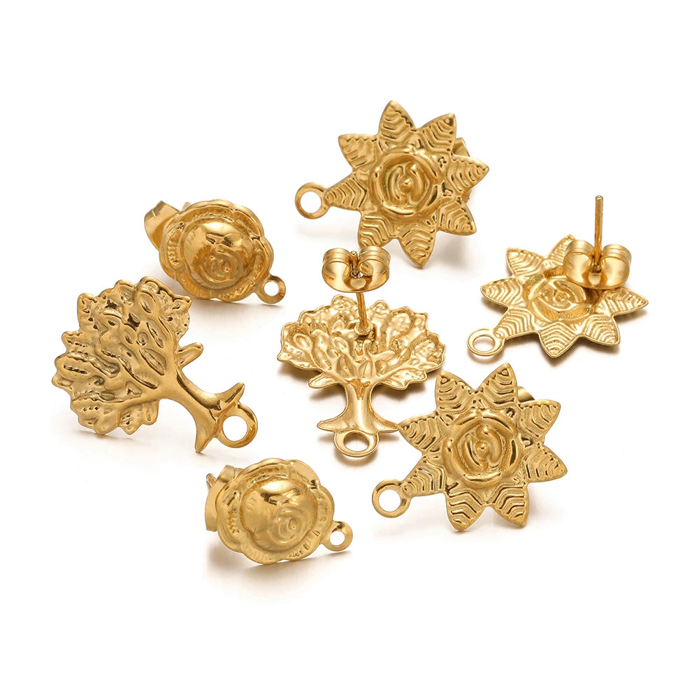 Gold sunflower stud earring charms with loop backs, Tree of Life detail, 10pcs