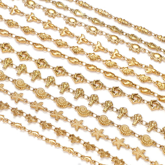 Gold sea-animal charm chain with starfish and shell links, for DIY jewelry making