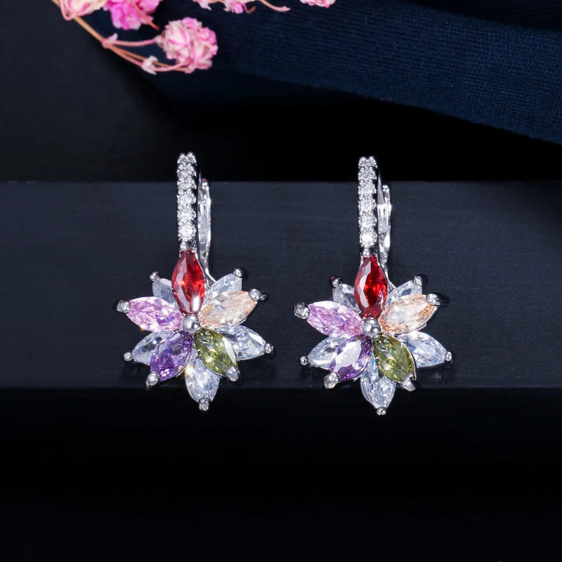 Pair of multicolor flower stud earrings with clear-stone hoops